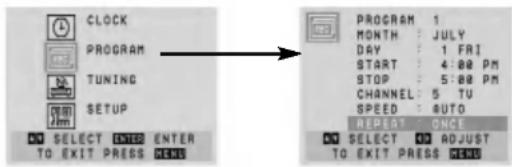 CLOCK PROGRAM TUNING SETUP NO SELECT ENTER ENTER TO EXIT PRESS FREE PROGRAM 1 MONTH : JULY DAY : 1 FRI START : 4:00 PM STOP : 5:00 PM CHANNEL : 5 TU SPEED : AUTO REPEAT : ONCE NO SELECT OR ADJUST TO EXIT PRESS FREE