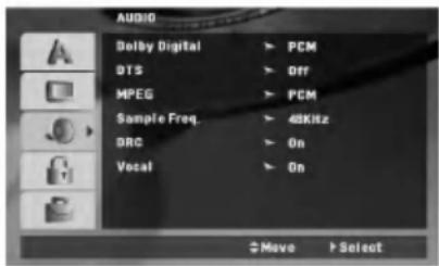 AUDIO Dolby Digital > PCM BTS > Off MPEG > PCM Sample Freq. > 48KHz DRC > On Vocal > On +Move > Select
