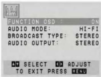 FUNCTION OSD : ON AUDIO MODE: HI-FI BROADCAST TYPE: STEREO AUDIO OUTPUT: STEREO AV SELECT ADJUST TO EXIT PRESS MENU