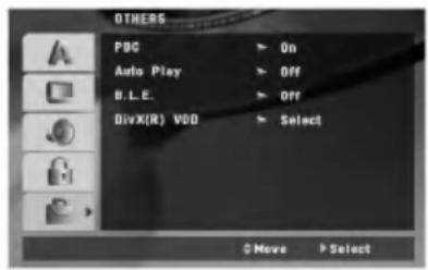 OTHERS PBC > On Auto Play > Off B.L.E. > Off DivX(R) VDD > Select © Move > Select
