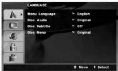LANGUAGE Menu Language > English Disc Audio > Original Disc Subtitle > Off Disc Menu > Original Move > Select