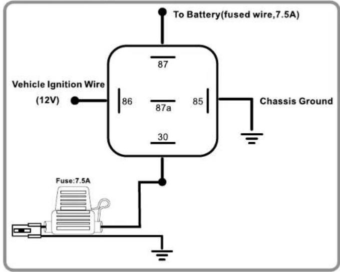 To Battery(fused wire,7.5A) 87 Vehicle Ignition Wire (12V) 86 87a 85 30 Chassis Ground Fuse:7.5A