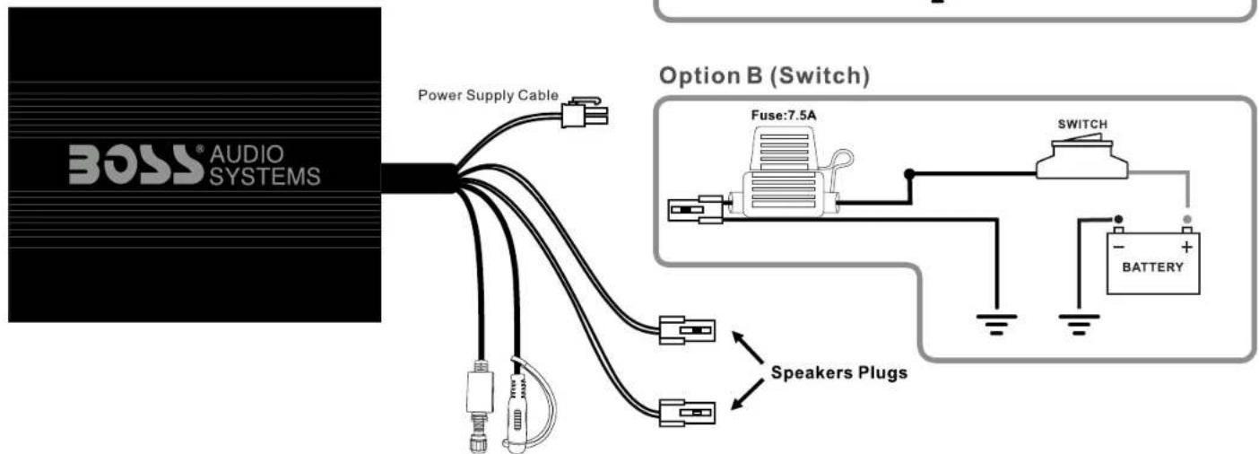 BOSS® AUDIO SYSTEMS Power Supply Cable Option B (Switch) Fuse:7.5A SWITCH BATTERY Speakers Plugs