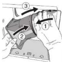 Diagram showing three labeled steps of a mechanical or electronic component with directional arrows indicating motion.