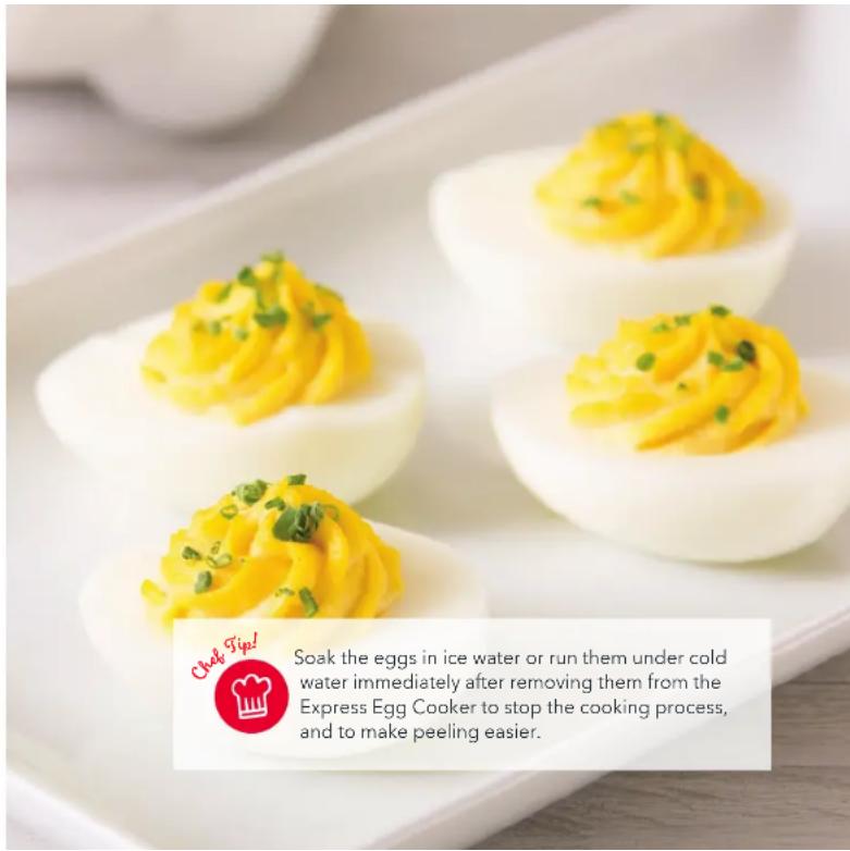 Soak the eggs in ice water or run them under cold water immediately after removing them from the Express Egg Cooker to stop the cooking process, and to make peeling easier.
