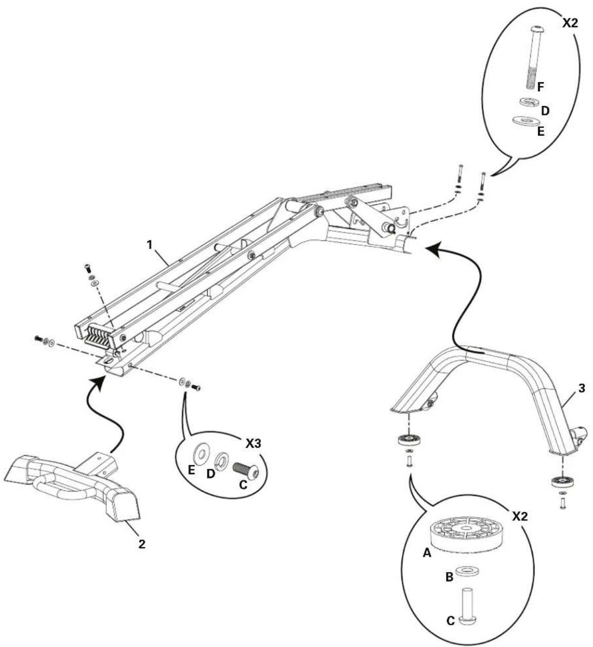 Technical diagram of a mechanical assembly with labeled parts and cross-sectional views (X2, X3)