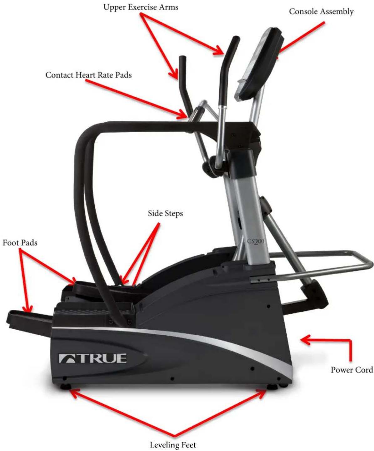 Upper Exercise Arms Console Assembly Contact Heart Rate Pads Side Steps Foot Pads Leveling Feet C5200 TRUE Power Cord