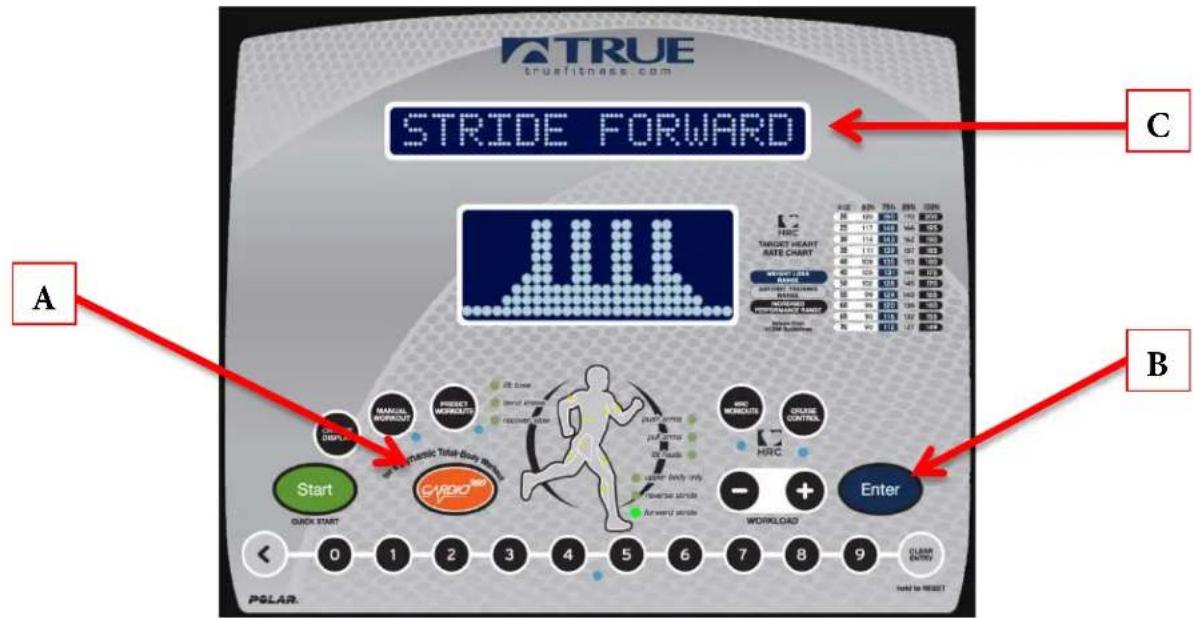 TRUE trusfitness.com STRIDE FORWARD A B C A Start QUICK START Polar. 0 1 2 3 4 5 6 7 8 9 MASCIAL WORKOUT PRESET WORKOUT AS-3 Line Surgical Anatomics CREAMIC Tumor Body Strain GARO WORKOUT BLUE CONTROL HIPC Enter WORKLOAD CLEAR ENERGY HARD TO RESET