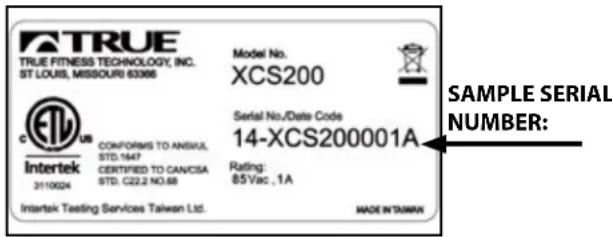 ATRUE TRUE FITNESS TECHNOLOGY, INC. ST LOUIS, MISSOURI 63366 Model No. XCS200 Serial No./Date Code 14-XCS200001A Rating: 85Vac ,1A INTERTEK Testing Services Taiwan Ltd. HADE INTANTAIN SAMPLE SERIAL NUMBER: