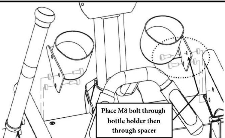 Place M8 bolt through bottle holder then through spacer