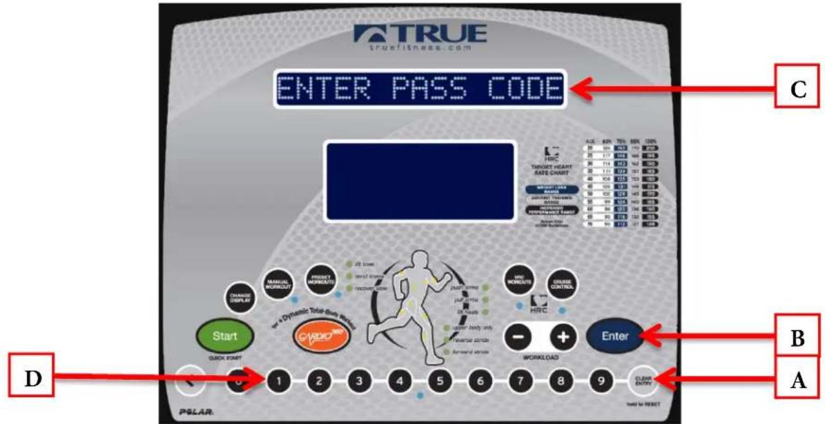 TRUE truefitness.com ENTER PASS CODE C B A D PSLAR. Start Quick Start 1 2 3 4 5 6 7 8 9 turned to RESET