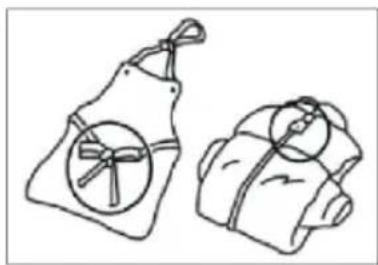 Line drawing of two bags with circular designs and ribbon handles (no text or symbols)