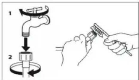 Diagram illustrating a water tap installation procedure with labeled steps and hands using a tool.