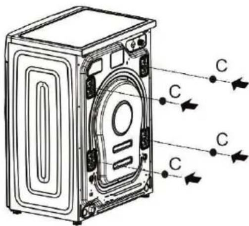 Technical diagram of a front-mounted washing machine with labeled components and airflow arrows