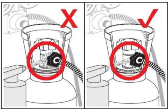 Technical diagram showing two views of a mechanical device with labeled components and red X and check symbols indicating failure or inspection.