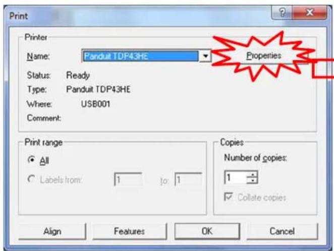 Print Printer Name: Panduit TDP43HE Properties Status: Ready Type: Panduit TDP43HE Where: USB001 Comment: Print range All Labels from: 1 to: 1 Copies Number of copies: 1 Collate copies Align Features OK Cancel