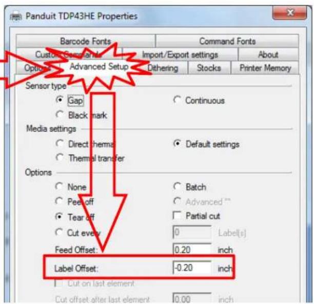Panduit TDP43HE Properties Barcode Fonts Command Fonts Custom Compliant Import/Export settings About Options Advanced Setup Dithering Stocks Printer Memory Sensor type ● Gap ○ Continuous ○ Black mark Media settings ○ Direct thermal ○ Default settings ○ Thermal transfer Options ○ None ○ Batch ○ Peel off ○ Advanced ™ ○ Tear off □ Partial cut ○ Cut every 0 Label(s) Feed Offset: 0.20 inch Label Offset: -0.20 inch □ Cut on last element Cut offset after last element 0.00 inch