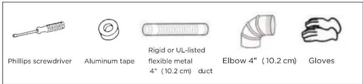 Phillips screwdriver Aluminum tape Rigid or UL-listed flexible metal 4" (10.2 cm) duct Elbow 4" (10.2 cm) Gloves