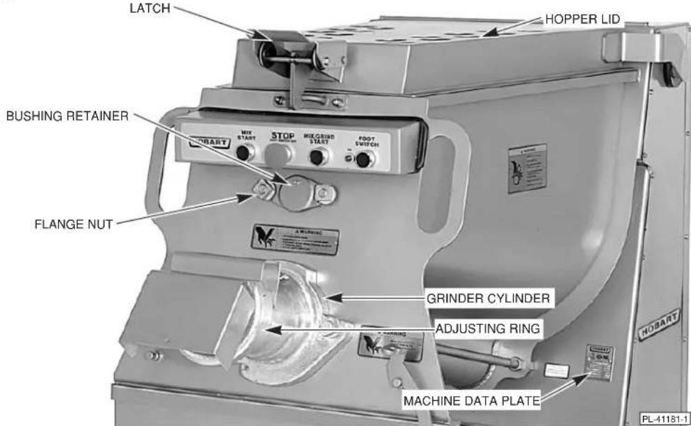 LATCH HOPPER LID BUSHING RETAINER MOBART MOBART STOP MOBART MOBART MOBART MOBART FLANGE NUT A Winding GRINDER CYLINDER ADJUSTING RING MACHINE DATA PLATE PL-41181-1