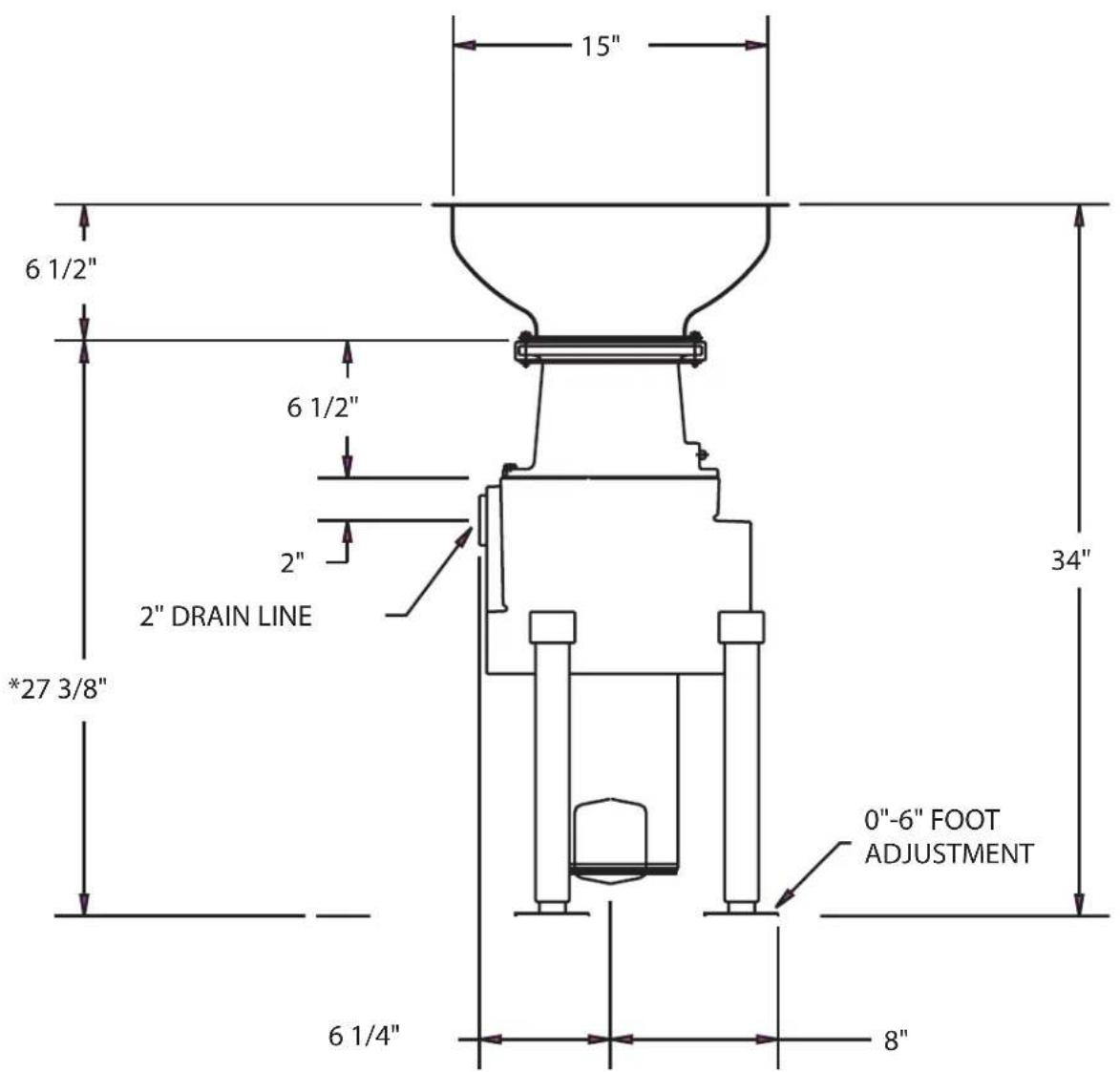 15" 6 1/2" 6 1/2" 2" 2" DRAIN LINE *27 3/8" 34" 0"-6" FOOT ADJUSTMENT 6 1/4" 8"