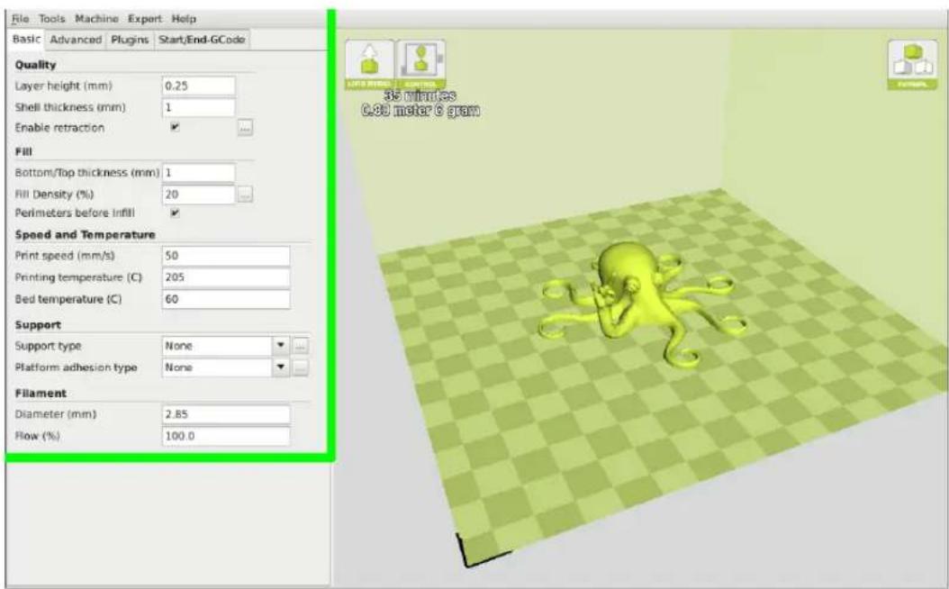 File Tools Machine Export Help Basic Advanced Plugins Start/End-GCode Quality Layer height (mm) 0.25 Shell thickness (mm) 1 Enable retraction Fill Bottom/Top thickness (mm) 1 Fill Density (%) 20 Perimeters before Infill Speed and Temperature Print speed (mm/s) 50 Printing temperature (C) 205 Bed temperature (C) 60 Support Support type None Platform adhesion type None Filament Diameter (mm) 2.85 Flow (%) 100.0 35 minutes 0.30 meter 0 gram