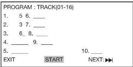 PROGRAM : TRACK(01-16) 1. 5 6. _ 2. 3 7. _ 3. 6_ 8. _ 4. _ 9. _ 5. _ EXIT START NEXT: ►►