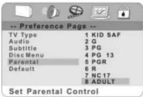 -- Preference Page -- TV Type 1 KID SAF Audio 2 G Subtitle 3 PG Disc Menu 4 PG 13 Parental 5 PGR Default 6 R 7 NC 17 8 ADULT Set Parental Control