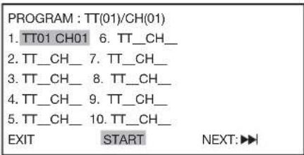 PROGRAM : TT(01)/CH(01) 1. TT01 CH01 6. TT_CH_ 2. TT_CH_ 7. TT_CH_ 3. TT_CH_ 8. TT_CH_ 4. TT_CH_ 9. TT_CH_ 5. TT_CH_ 10. TT_CH_ EXIT START NEXT:▶▶
