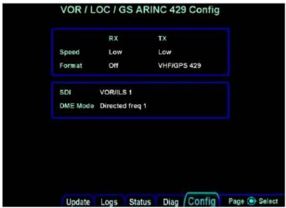 VOR / LOC / GS ARINC 429 Config Speed RX TX Low Low Format Off VHF/GPS 429 SDI VOR/ILS 1 DME Mode Directed freq 1 Update Logs Status Diag Config Page Select