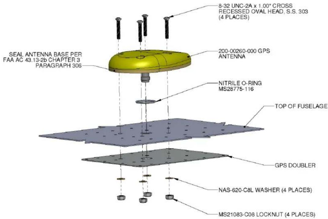 8-32 UNC-2A x 1.00" CROSS RECESSED OVAL HEAD, S.S. 303 (4 PLACES) SEAL ANTENNA BASE PER FAA AC 43.13-2b CHAPTER 3 PARAGRAPH 306 200-00260-000 GPS ANTENNA NITRILE O-RING MS28775-116 TOP OF FUSELAGE GPS DOUBLER NAS-620-C8L WASHER (4 PLACES) MS21083-C08 LOCKNUT (4 PLACES)