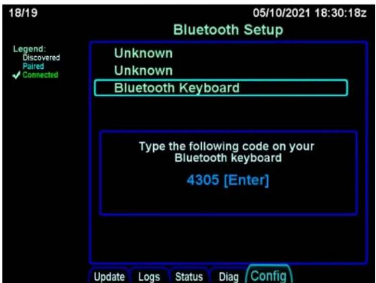 18/19 05/10/2021 18:30:18z Bluetooth Setup Legend: Discovered Paired ✓ Connected Unknown Unknown Bluetooth Keyboard Type the following code on your Bluetooth keyboard 4305 [Enter] Update Logs Status Diag Config