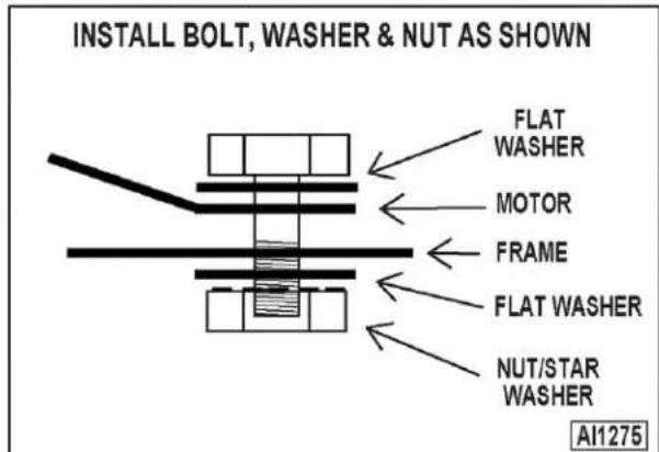 INSTALL BOLT, WASHER & NUT AS SHOWN FLAT WASHER MOTOR FRAME FLAT WASHER NUT/STAR WASHER AI1275