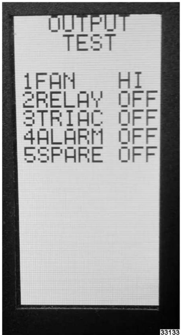 OUTPUT TEST 1FAN HI 2RELAY OFF 3TRIAC OFF 4ALARM OFF 5SPARE OFF