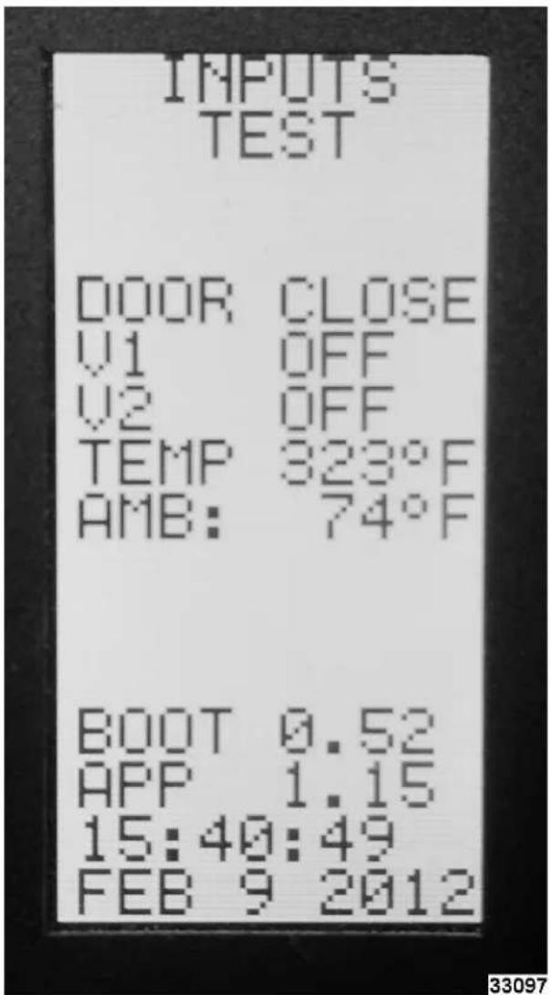 INPUTS TEST DOOR CLOSE V1 OFF V2 OFF TEMP 323°F AMB: 74°F BOOT 0.52 APP 1.15 15:40:49 FEB 9 2012