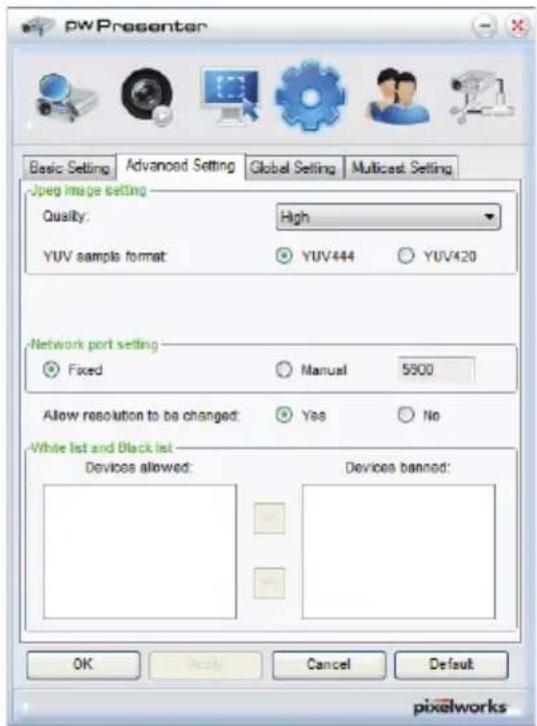 pWPresenter Basic Setting Advanced Setting Global Setting Multicast Setting Jpeg image setting Quality: High YUV sample format: YUV444 YUV420 Network port setting Fixed Manual 5900 Allow resolution to be changed: Yes No White list and Black list Devices allowed: Devices banned: OK Cancel Default pix…