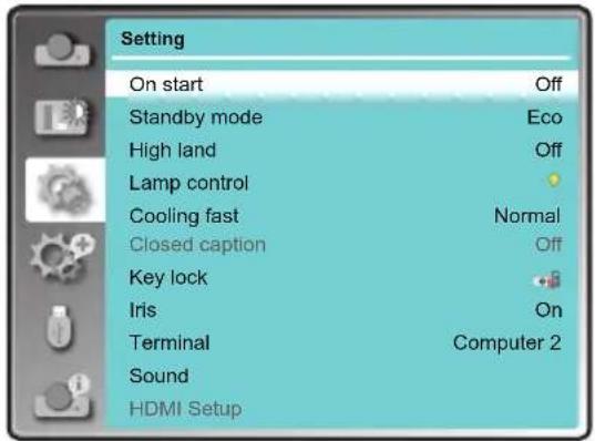 Setting On start Off Standby mode Eco High land Off Lamp control Cooling fast Normal Closed caption Off Key lock Iris On Terminal Computer 2 Sound HDMI Setup