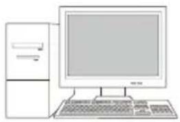 Illustration of a desktop computer setup with monitor, keyboard, and tower (no text or symbols)