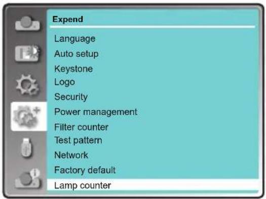Expend Language Auto setup Keystone Logo Security Power management Filter counter Test pattern Network Factory default Lamp counter