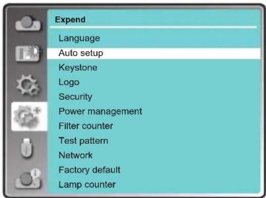Expend Language Auto setup Keystone Logo Security Power management Filter counter Test pattern Network Factory default Lamp counter