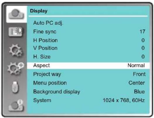 Display Auto PC adj. Fine sync 17 H Position 0 V Position 0 H. Size 0 Aspect Normal Project way Front Menu position Center Background display Blue System 1024 x 768, 60Hz