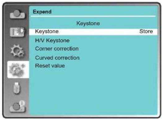 Expend Keystone Keystone Store H/V Keystone Corner correction Curved correction Reset value