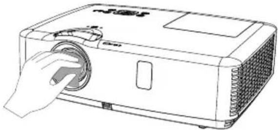 Line drawing of a projector with a hand inserting a button (no text or symbols)