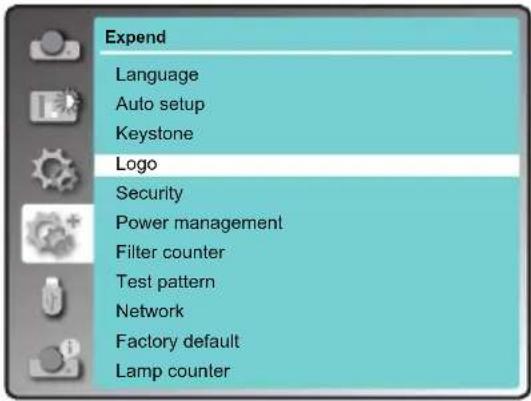 Expend Language Auto setup Keystone Logo Security Power management Filter counter Test pattern Network Factory default Lamp counter