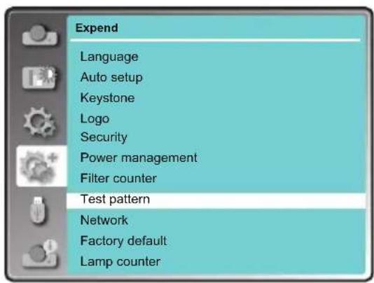 Expend Language Auto setup Keystone Logo Security Power management Filter counter Test pattern Network Factory default Lamp counter