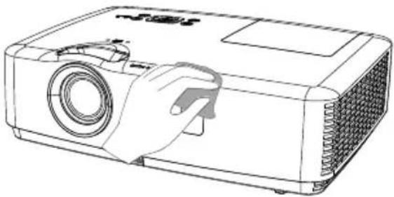 Line drawing of a projector with a hand operating the lens (no text or symbols)