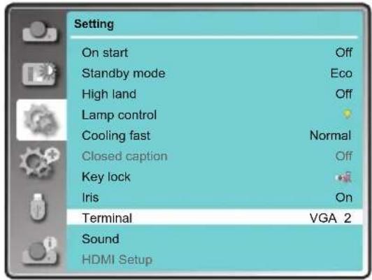 Setting On start Off Standby mode Eco High land Off Lamp control Cooling fast Normal Closed caption Off Key lock Iris On Terminal VGA 2 Sound HDMI Setup