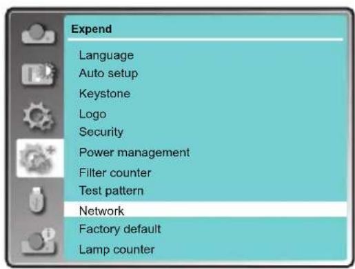 Expend Language Auto setup Keystone Logo Security Power management Filter counter Test pattern Network Factory default Lamp counter
