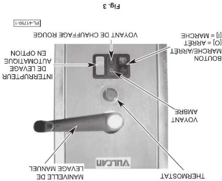 Fig. 3 PL-41750-1 VOYANT DE CHAUFACE ROUGE VOYANT DE LEAVE AUTOMATIQUE EN OPTION INTERPRETUR [O] = ARREIT MARCHE/ARREIT [1] = MARCHIE BOYANT AMBRE THEMOSTAT MANIVELLE DE LEAVE MANUEL Vulkan
