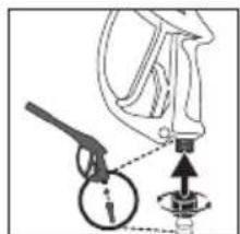 Diagram illustrating a mechanical device with labeled parts and directional arrows indicating motion or force vectors.