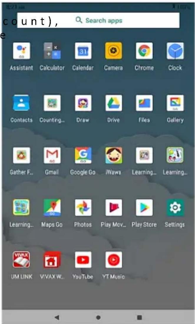 count), Search apps Assistant Calculator Calendar Camera Chrome Clock Contacts Counting... Draw Drive Files Gallery Gather F... Gmail Google Go iWawa Learning... Learning... Learning... Maps Go Photos Play Mov... Play Store Settings UM LINK VIVAX W... YouTube YT Music
